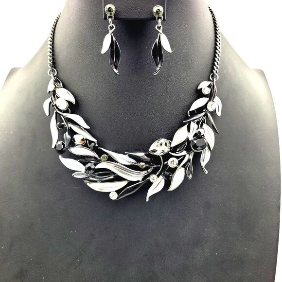 Unknown Jewelry - Elegant Retro Style Black & Silver Leaf Necklace & Earrings Set Rhinestones